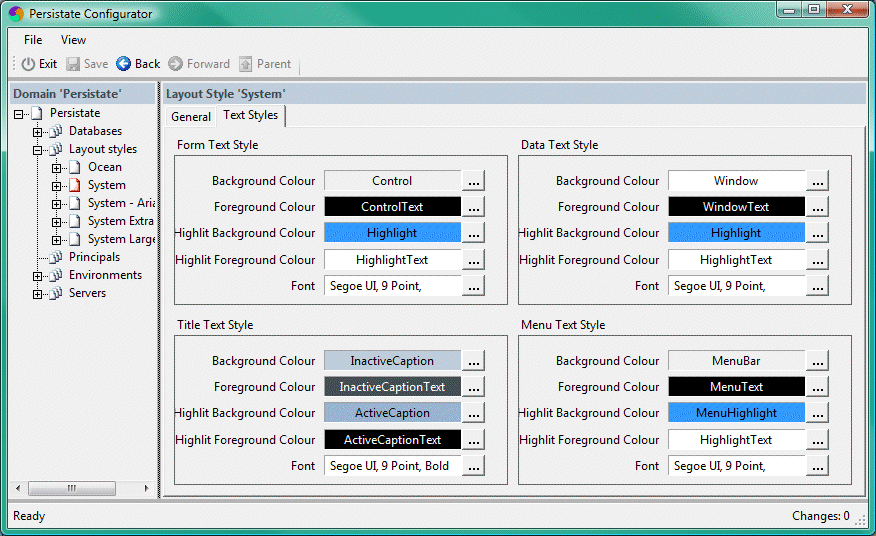 Text style tab of layout style form